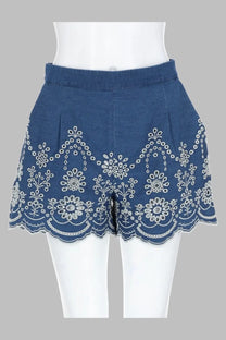 Mc2 saint barth women’s shorts amani in chambray blue with white floral embroidery along the hem