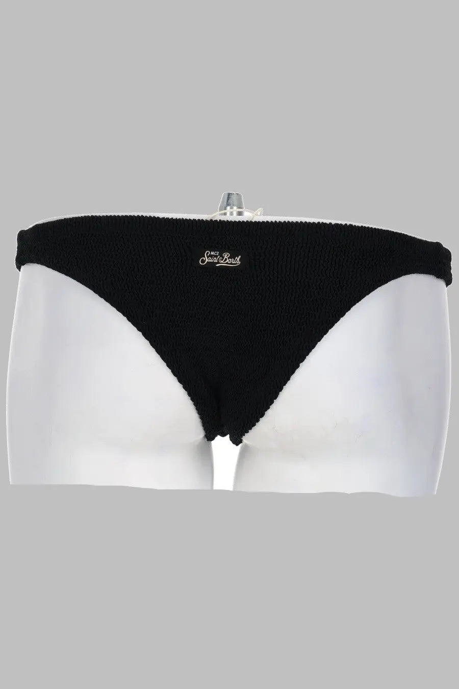 Black knitted cheeky bikini bottom with subtle white saint barth logo on waistband from mc2 saint barth