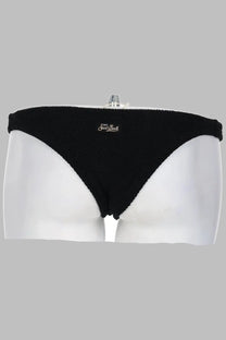 Black knitted cheeky bikini bottom with subtle white saint barth logo on waistband from mc2 saint barth