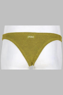 Olive green knitted bikini bottom with small rectangular brand tag on waistband from mc2 saint barth slip bikini cheeky naomi green