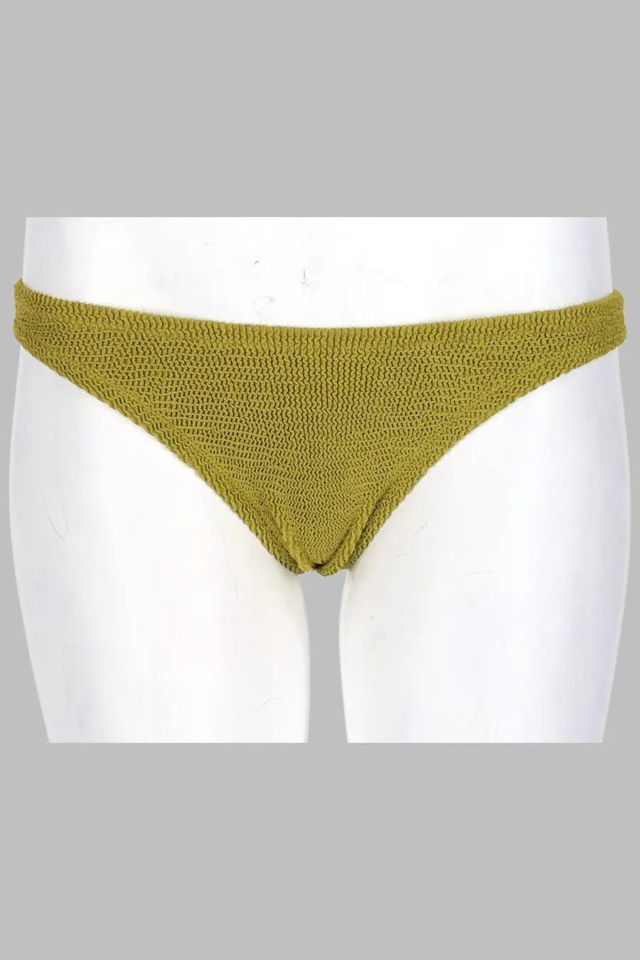 Olive green knitted bikini bottom with textured woven pattern from mc2 saint barth women’s slip bikini cheeky naomi green