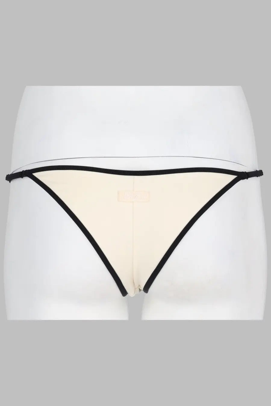 Cream-colored sheer triangle bikini bottom with black elastic trim and adjustable side ties by mc2 saint barth