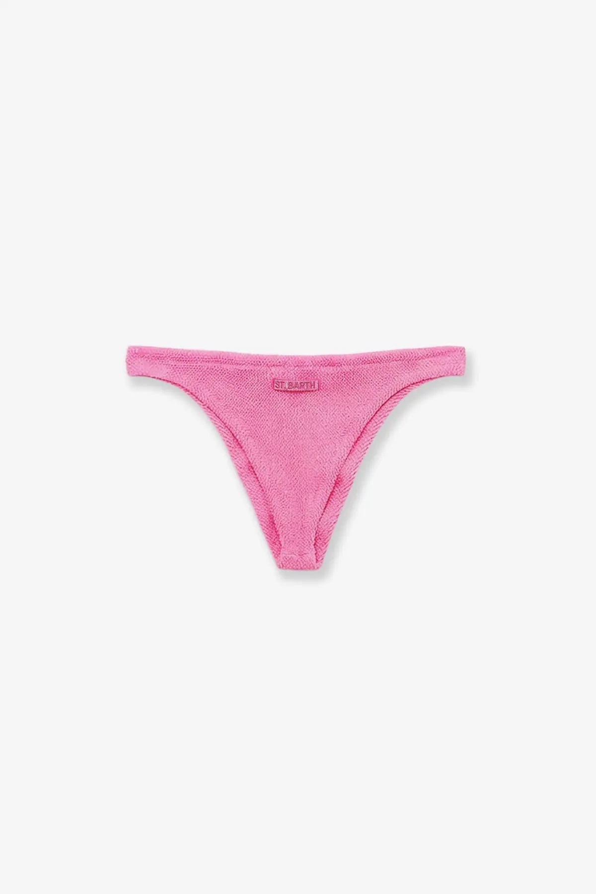 Mc2 saint barth women’s stretch nylon bikini bottom blue shown as a vibrant pink textured fabric thong with embroidered tag