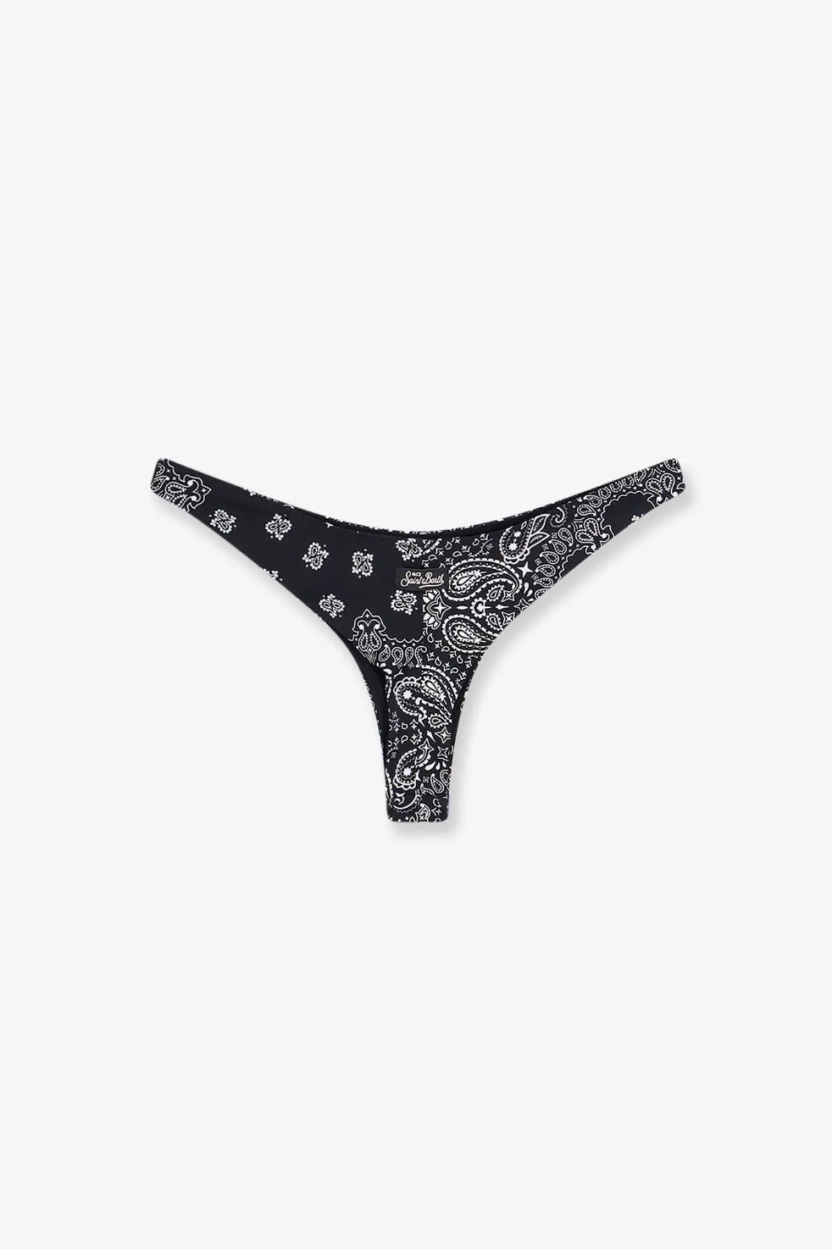 Black bandeau bikini bottom with white paisley floral pattern made of stretch nylon by Mc2 Saint Barth