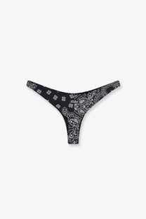 Black bandeau bikini bottom with white paisley floral pattern made of stretch nylon by Mc2 Saint Barth