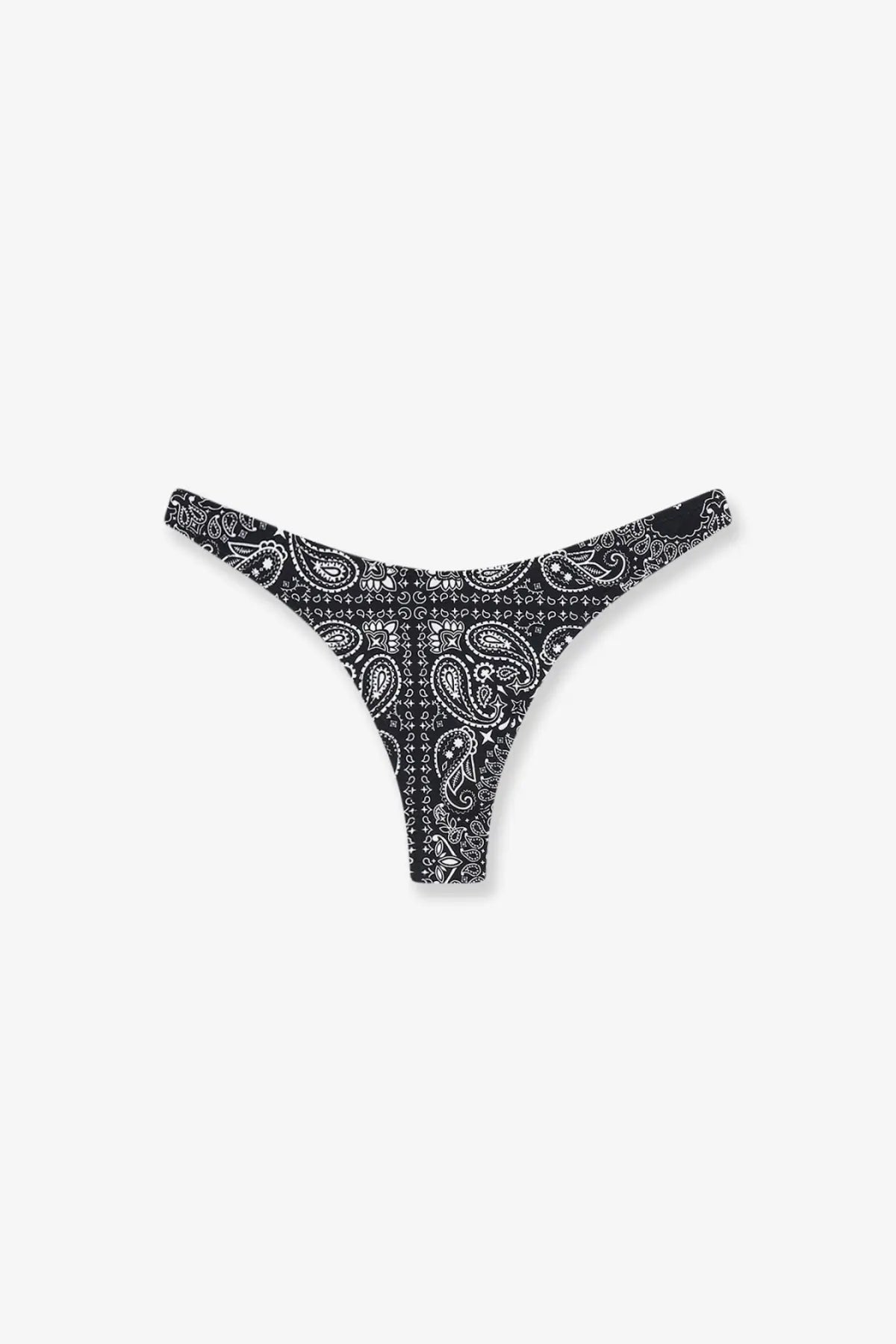 Black and white paisley patterned stretch nylon thong with low-rise cut-out design from mc2 saint barth