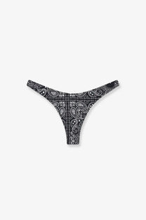Black and white paisley patterned stretch nylon thong with low-rise cut-out design from mc2 saint barth
