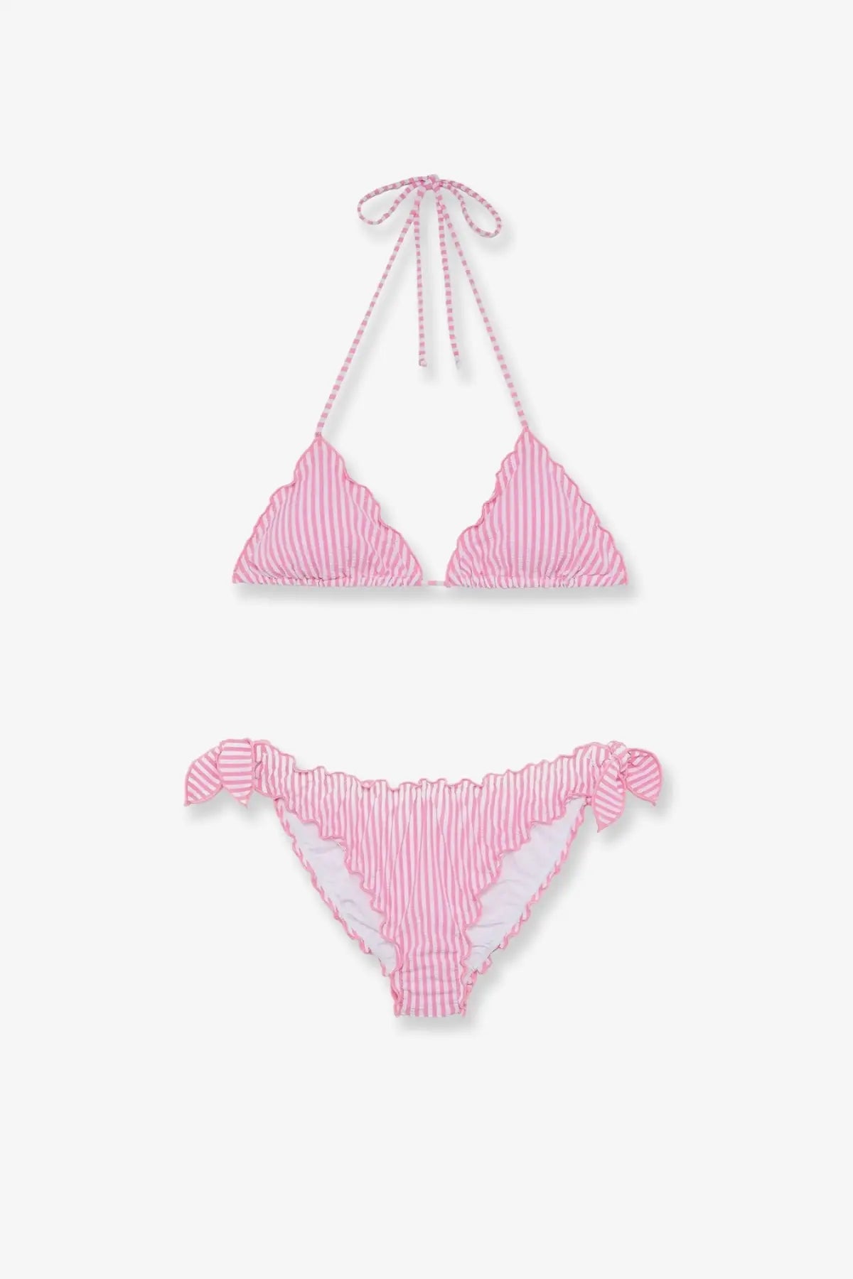 Mc2 Saint Barth women’s pink and white striped stretch nylon halter top bikini with ruffled edges and tied bow details