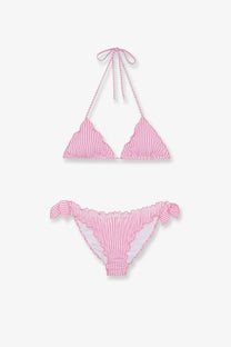 Mc2 Saint Barth women’s pink and white striped stretch nylon halter top bikini with ruffled edges and tied bow details