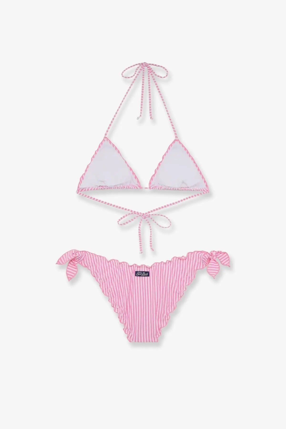 Mc2 Saint Barth women’s stretch nylon pink and white striped halter top bikini with ruffled edges and tied bow details