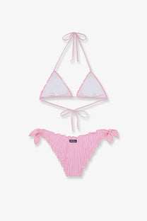 Mc2 Saint Barth women’s stretch nylon pink and white striped halter top bikini with ruffled edges and tied bow details