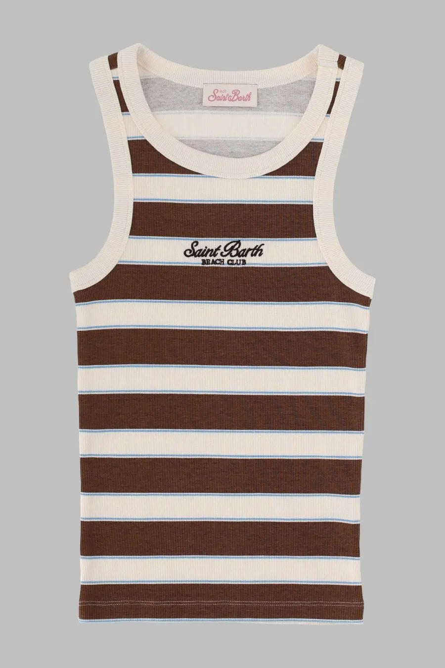 Mc2 Saint Barth women’s brown and cream striped ribbed tank top with embroidered Saint Barth Beach Club logo