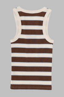 Mc2 Saint Barth women’s ribbed tank top in brown and cream stripes with thin blue accent lines