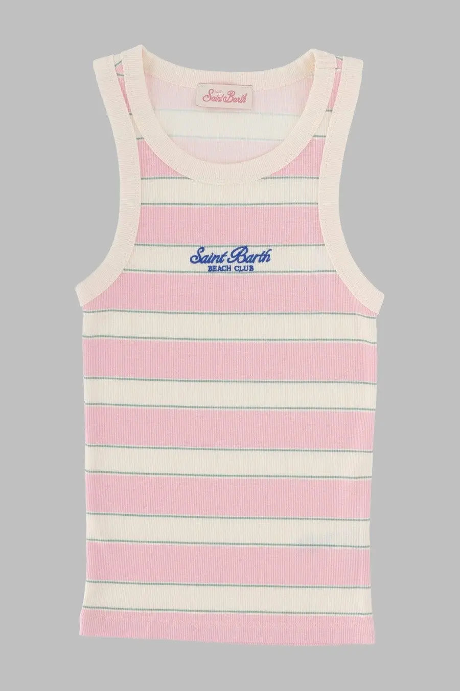 Mc2 Saint Barth women’s ribbed tank top in pink and white stripes with blue embroidered Saint Barth Beach Club logo