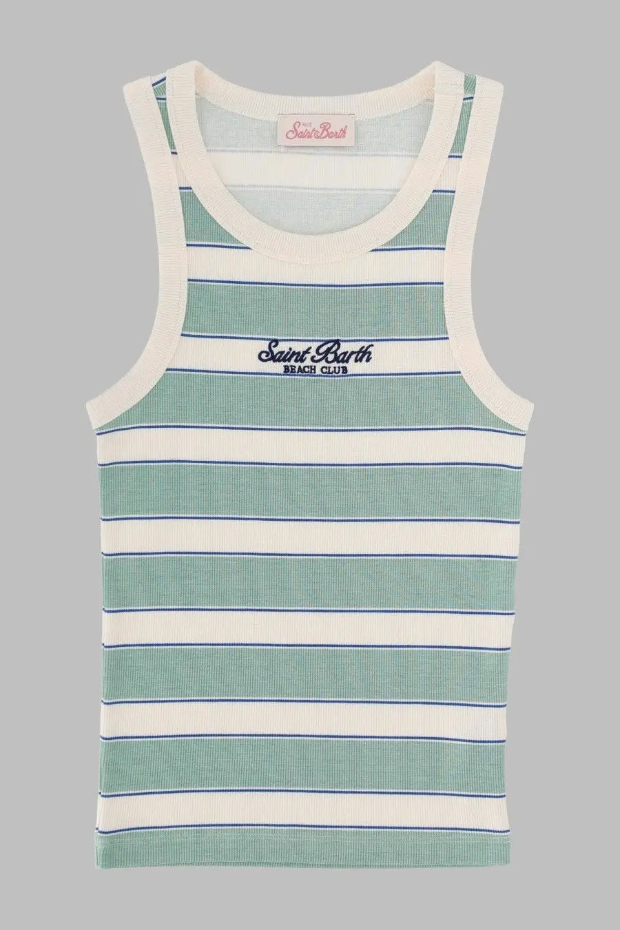 Mc2 Saint Barth women’s ribbed tank top with horizontal mint green and off-white stripes and navy logo embroidery