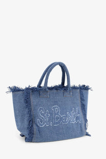 Denim tote bag with frayed edges and st detail in blue from mc2 saint barth women’s vanity denim shoulder bag collection