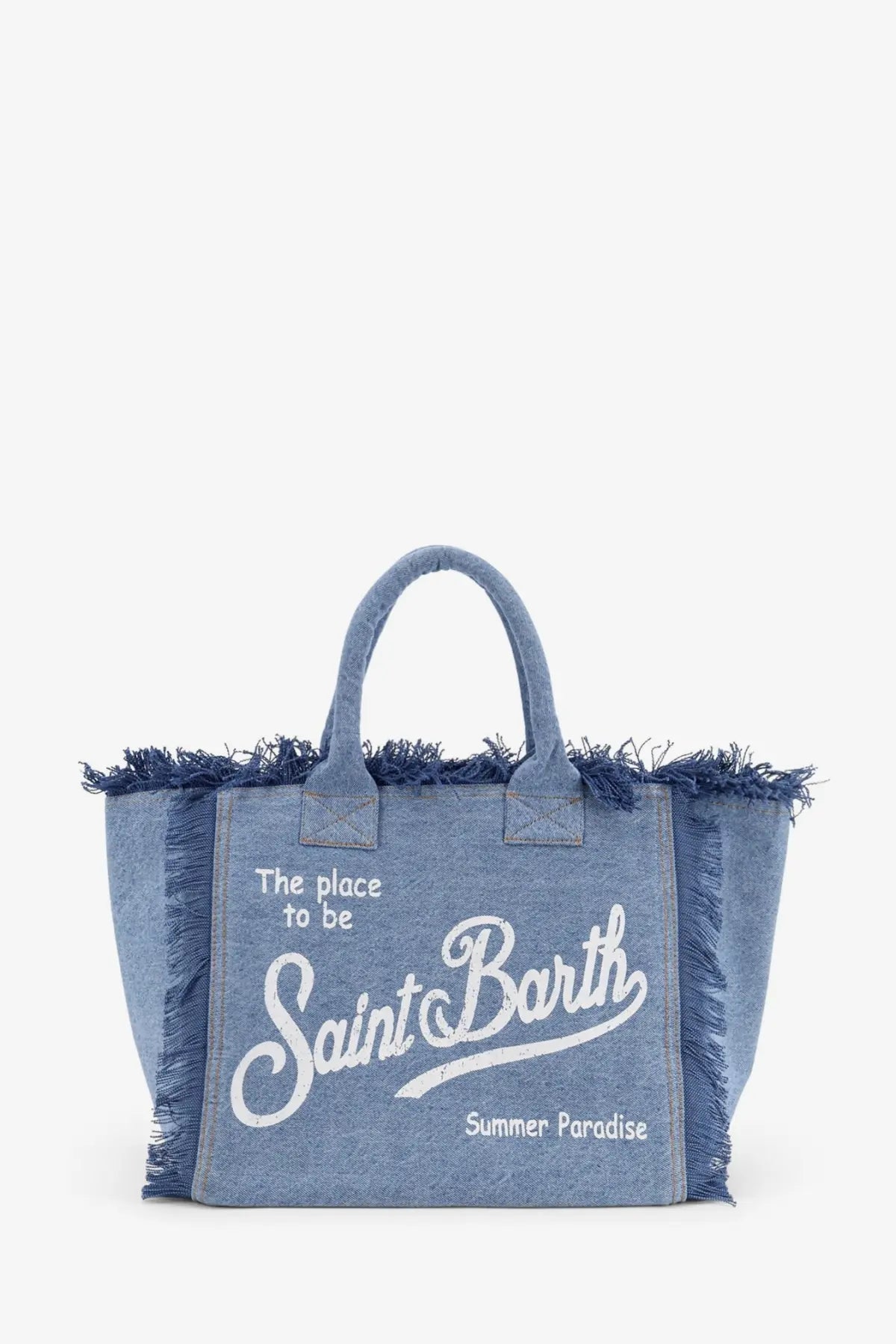 Blue denim tote bag with frayed edges and white saint barth summer paradise lettering from Mc2 Saint Barth