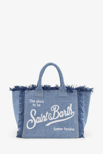 Blue denim tote bag with frayed edges and white saint barth summer paradise lettering from Mc2 Saint Barth