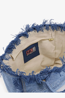 Mc2 Saint Barth women’s vanity denim shoulder bag blue with frayed edges and beige interior in blue denim