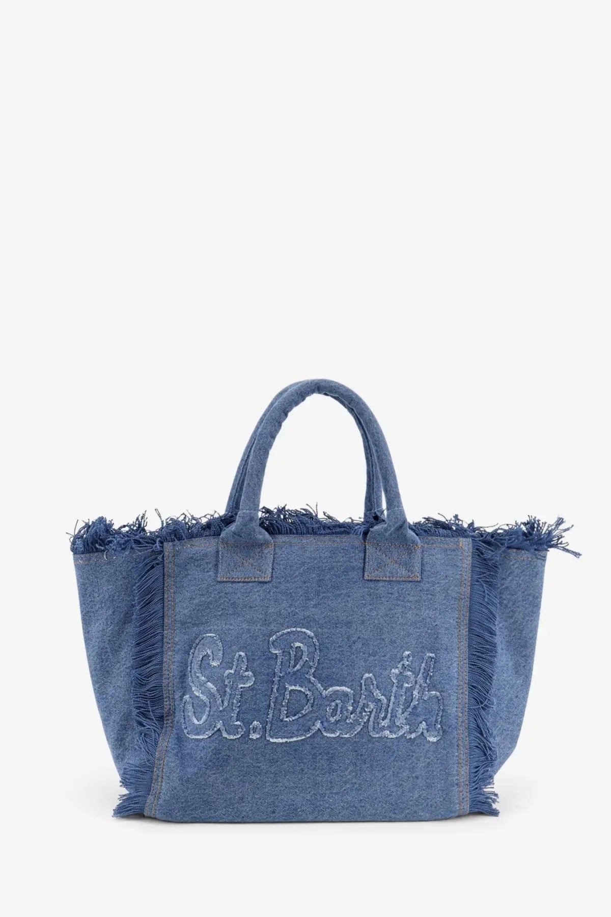 Blue denim tote bag with frayed edges and st detail from mC2 Saint Barth women’s vanity denim shoulder bag blue