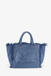 Blue denim tote bag with frayed edges and st detail from mC2 Saint Barth women’s vanity denim shoulder bag blue