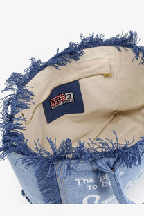 Mc2 Saint Barth women’s vanity denim shoulder bag blue with frayed edges and beige interior zipper pocket