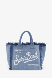 Blue denim tote bag with frayed edges and white saint barth summer paradise lettering by mc2 saint barth