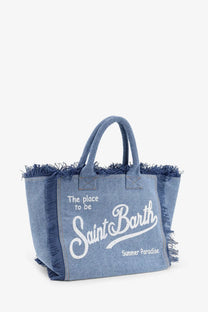 Blue denim tote bag with frayed edges and white embroidered text from mc2 saint barth vanity collection