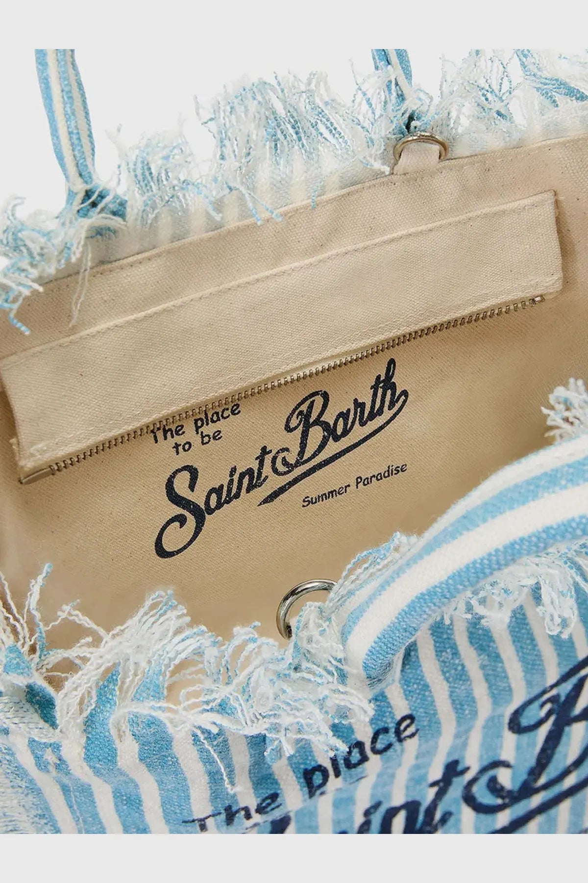 Beige canvas beach tote with frayed blue and white striped handles and saint barth summer paradise logo in black