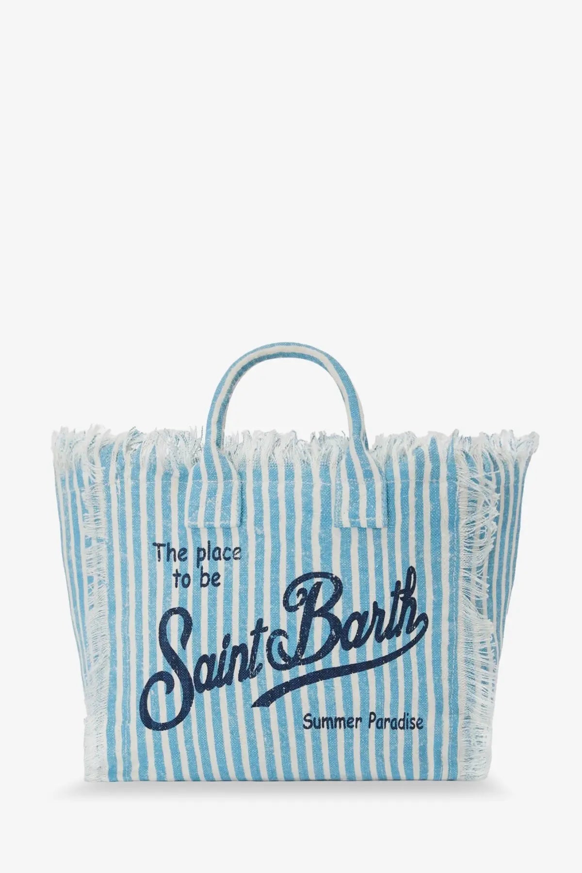 Mc2 Saint Barth women’s blue striped linen shoulder bag with frayed edges and navy saint barth summer paradise design