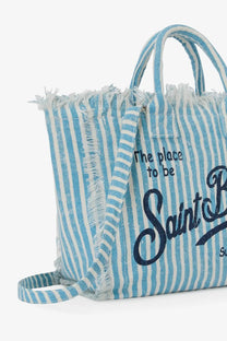 Mc2 saint barth women’s vanity linen shoulder bag blue with light blue and white stripes and navy saint logo