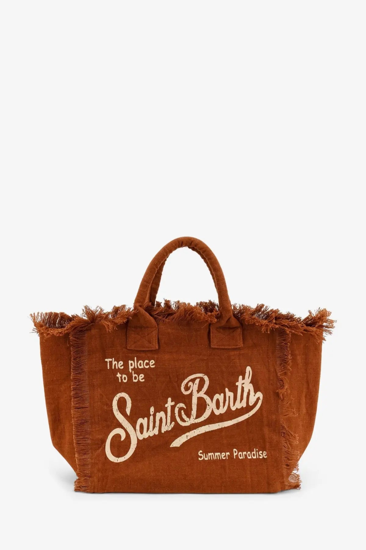 Brown canvas linen tote bag with frayed edges and white embroidered saint barth summer paradise text