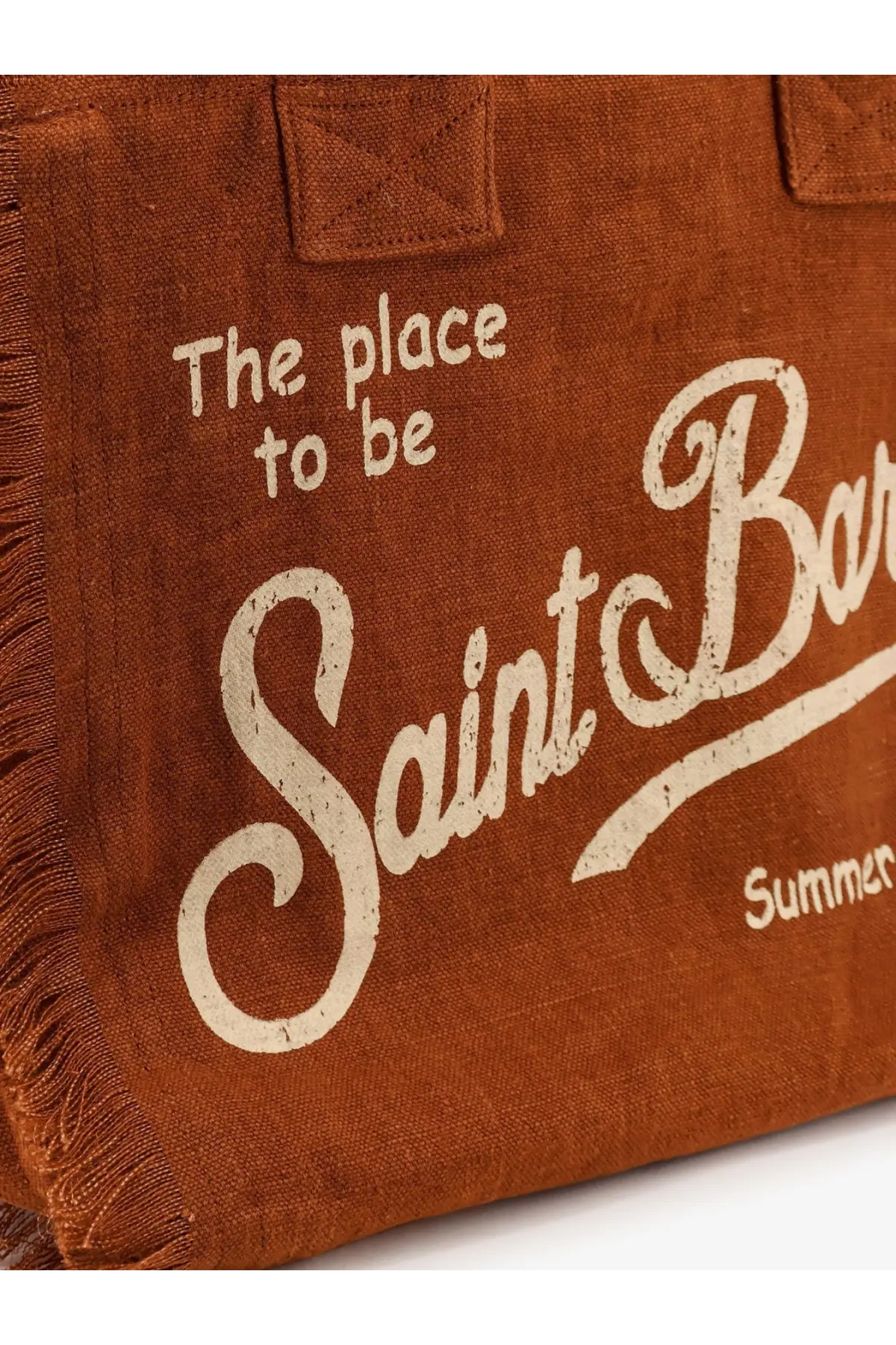 Brown canvas linen tote bag with white distressed lettering the place to be saint barth summer by mc2 saint barth