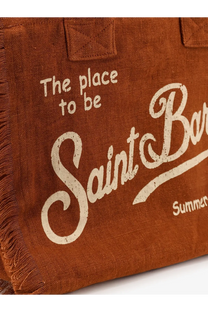 Brown canvas linen tote bag with white distressed lettering the place to be saint barth summer by mc2 saint barth