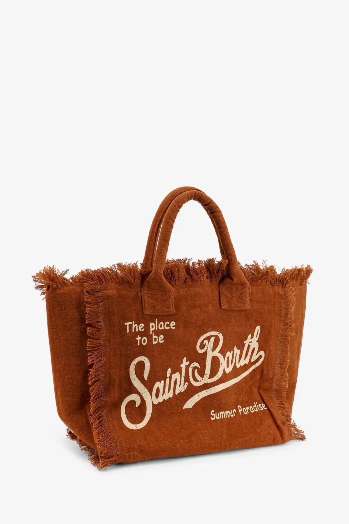 Brown canvas linen tote bag with frayed edges and cream embroidered saint barth summer paradise text