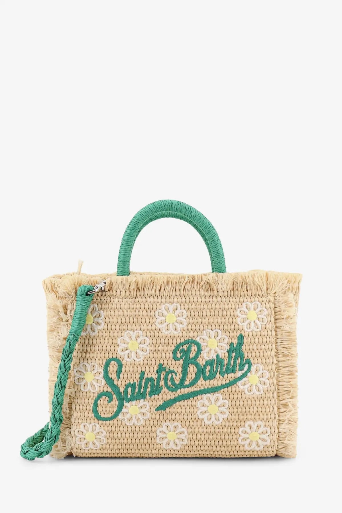 Beige woven straw tote bag with green embroidered saint barth script white daisy appliqués and green braided handles