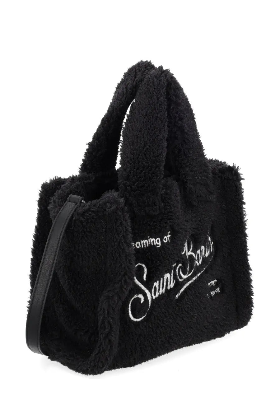 Mc2 Saint Barth women’s black fuzzy teddy bear-style vanity mini tote bag with white embroidered script and detachable strap