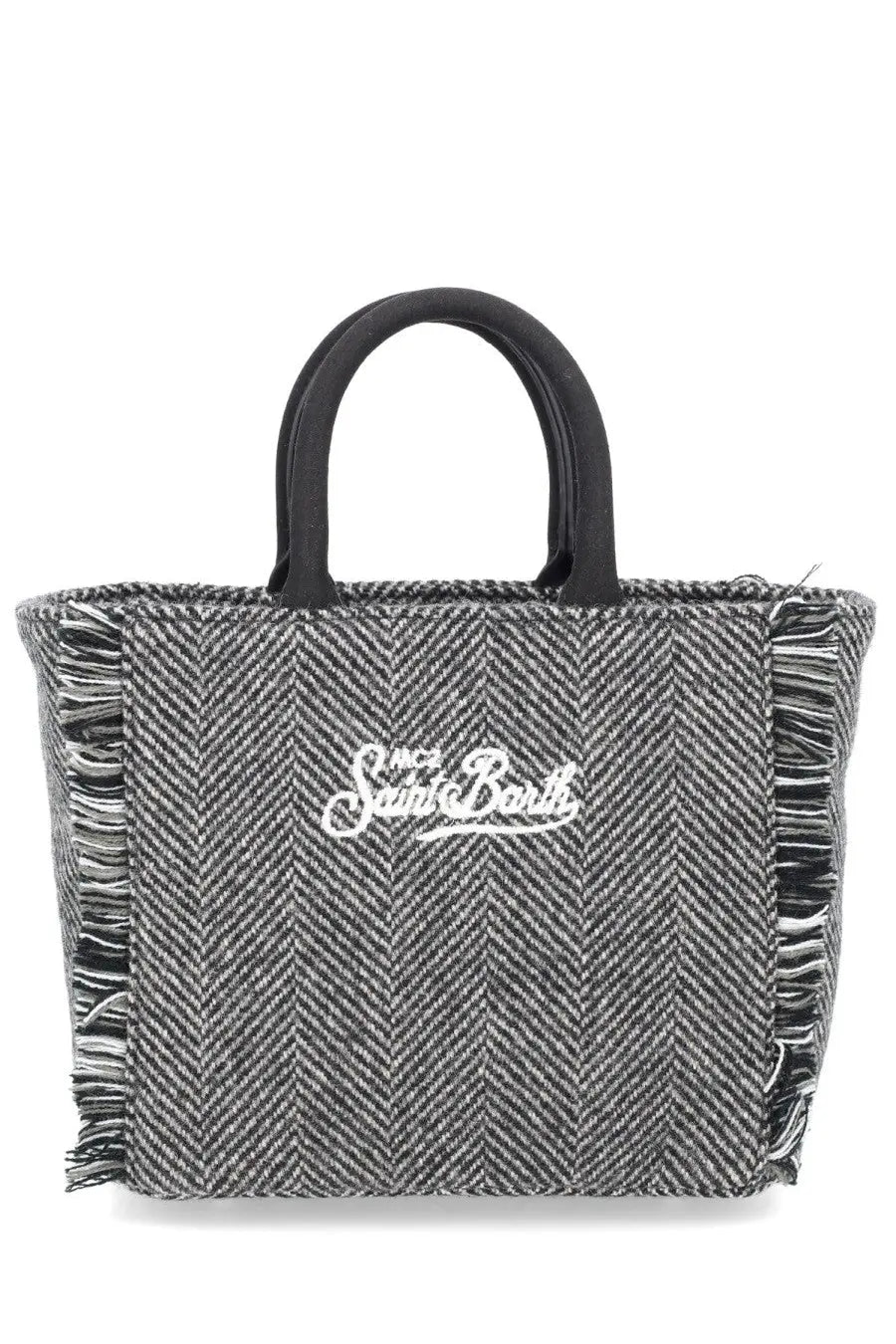 Mc2 Saint Barth women’s Vanity mini tote bag black with gray herringbone pattern frayed edges and white embroidered logo