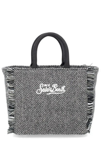 Mc2 Saint Barth women’s Vanity mini tote bag black with gray herringbone pattern frayed edges and white embroidered logo