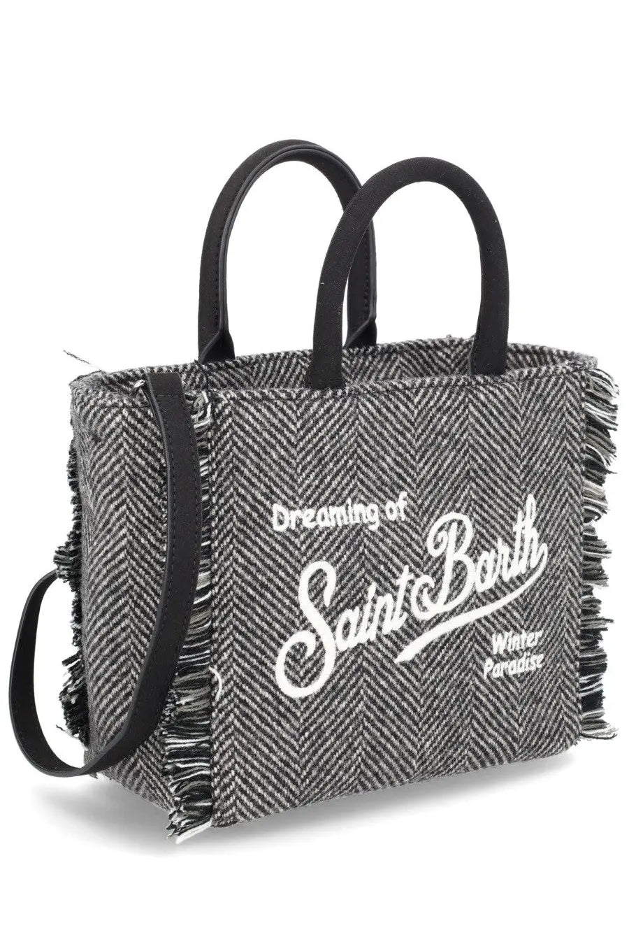 Mc2 Saint Barth women’s black and gray herringbone tote bag with white embroidered text and frayed edges