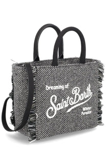 Mc2 Saint Barth women’s black and gray herringbone tote bag with white embroidered text and frayed edges