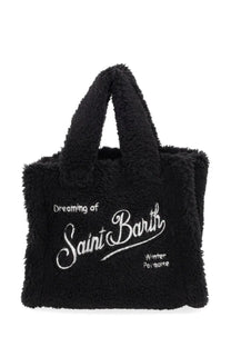 Mc2 Saint Barth women’s black plush teddy bear-style mini tote bag with white embroidered dreaming of Saint Barth text