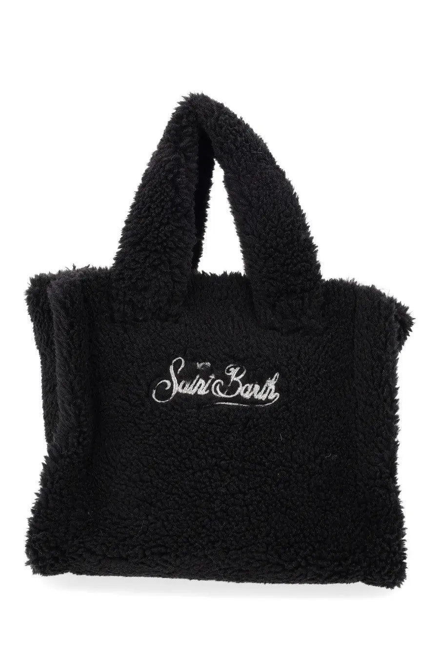 Black plush teddy bear style tote bag with white embroidered saint barth logo mc2 saint barth vanity mini tote bag