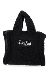 Black plush teddy bear style tote bag with white embroidered saint barth logo mc2 saint barth vanity mini tote bag