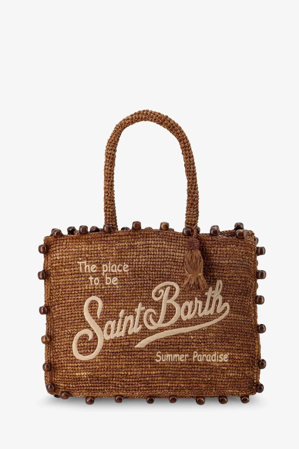 Brown woven straw tote bag with beaded trim and embroidered saint barth summer paradise text by mc2 saint barth