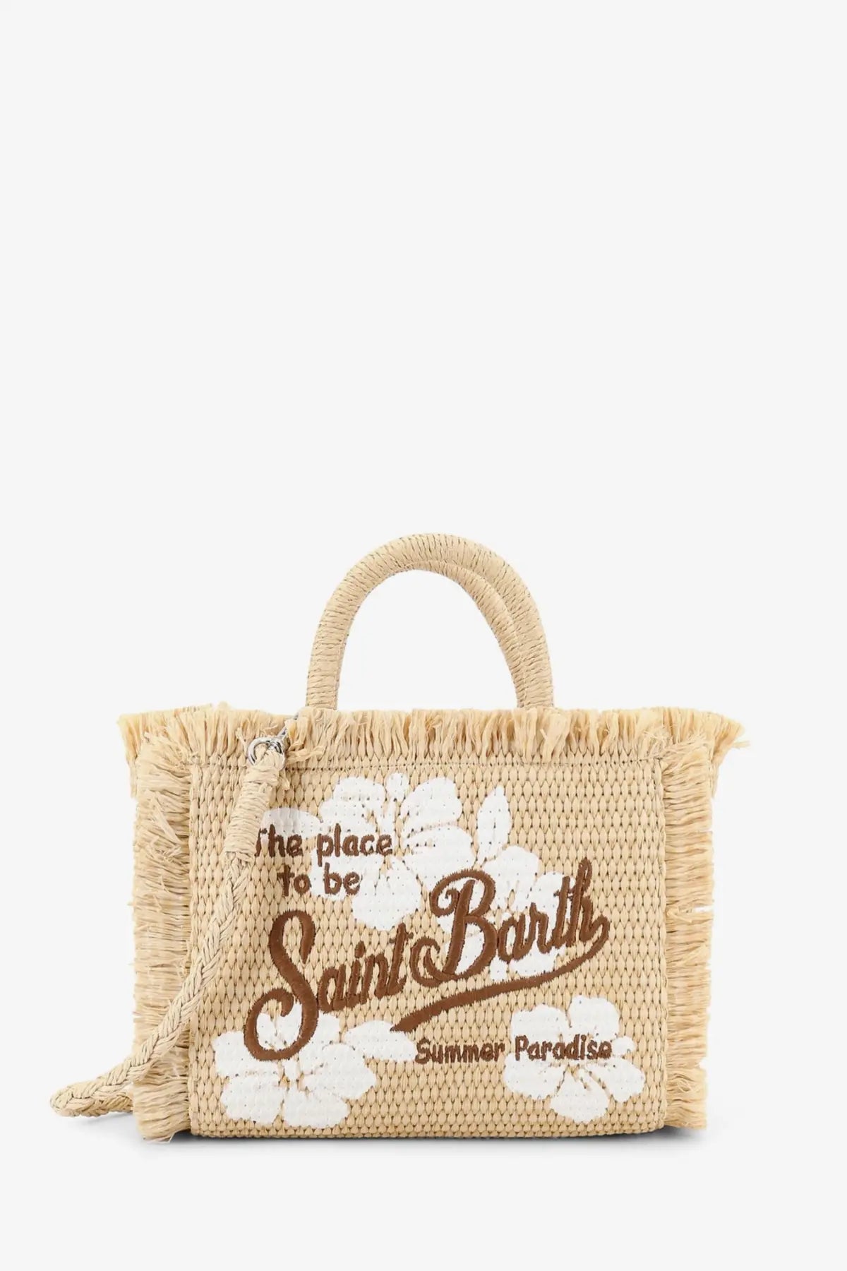 Beige woven raffia straw tote bag with frayed edges white floral embroidery and brown saint barth lettering