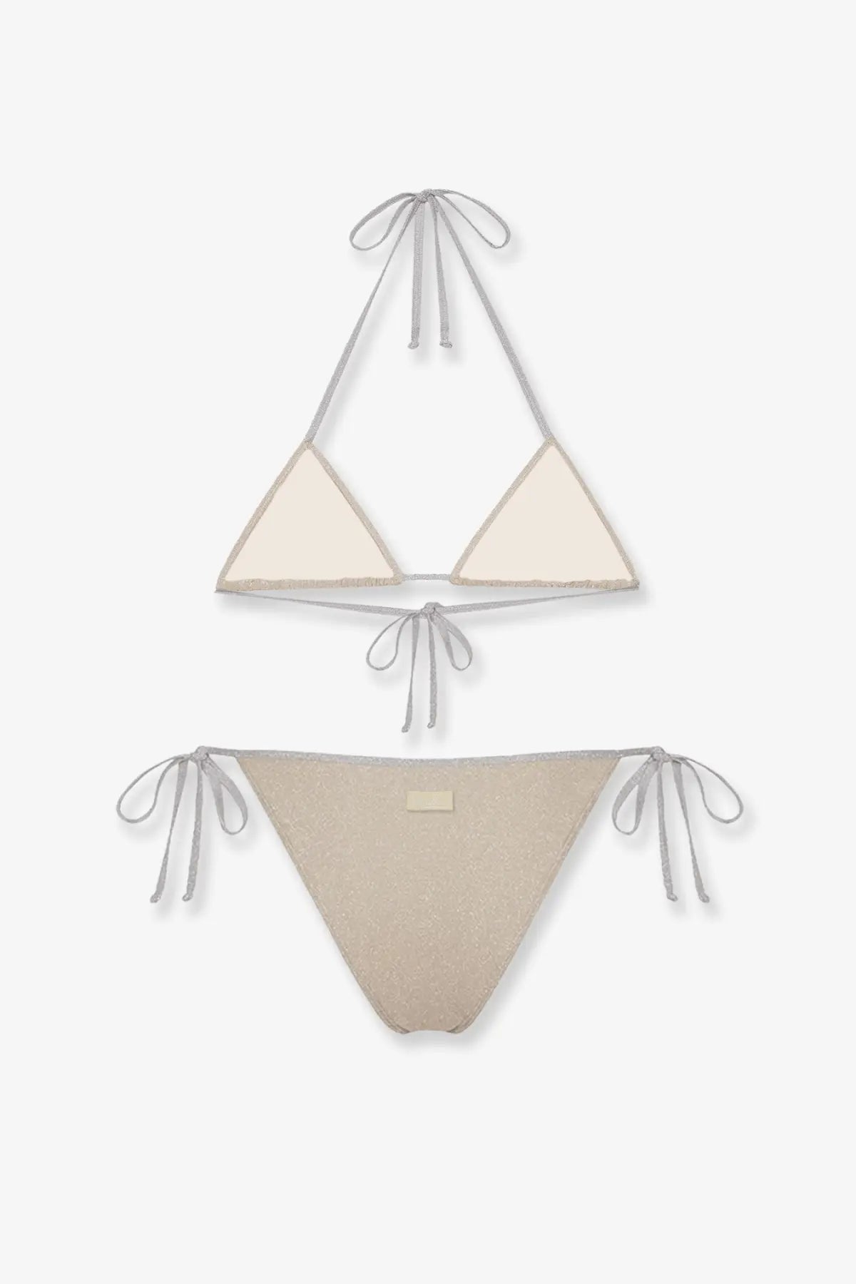 Beige triangle bikini set with gray tie-side straps and subtle shimmer lurex finish from Mc2 Saint Barth