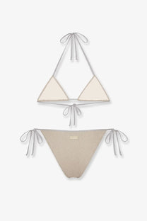 Beige triangle bikini set with gray tie-side straps and subtle shimmer lurex finish from Mc2 Saint Barth