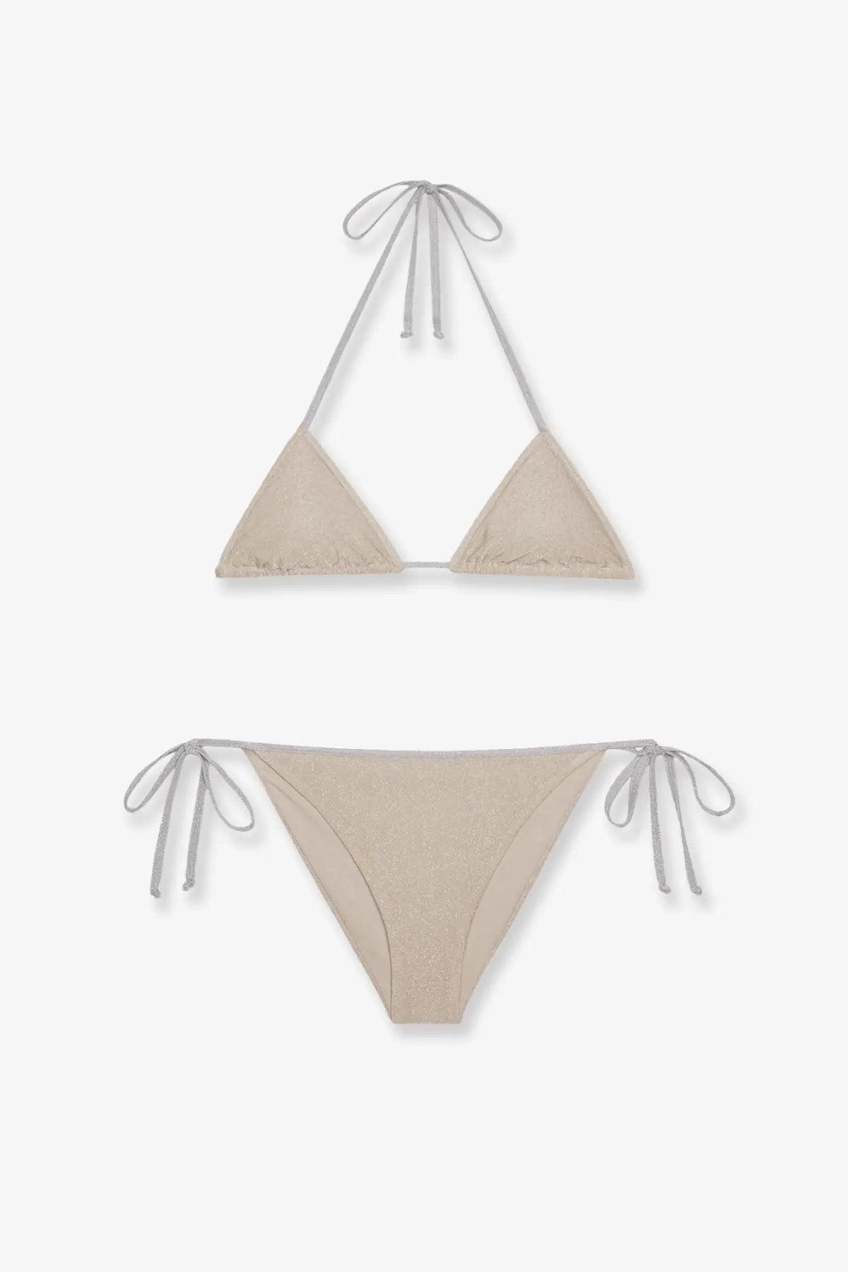 Mc2 Saint Barth women’s Viana Lurex bikini gold beige triangle set with subtle textured fabric and matching side ties