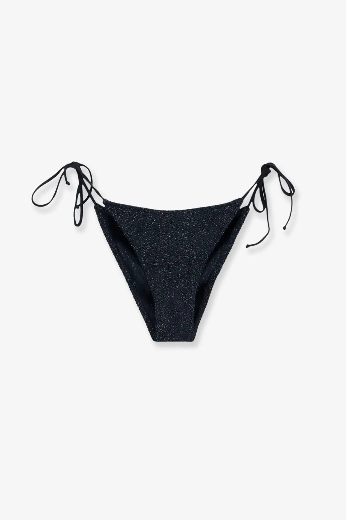 Black shimmering bikini bottom with adjustable side ties paired with mc2 saint barth women’s virgo crinkle lurex blue top